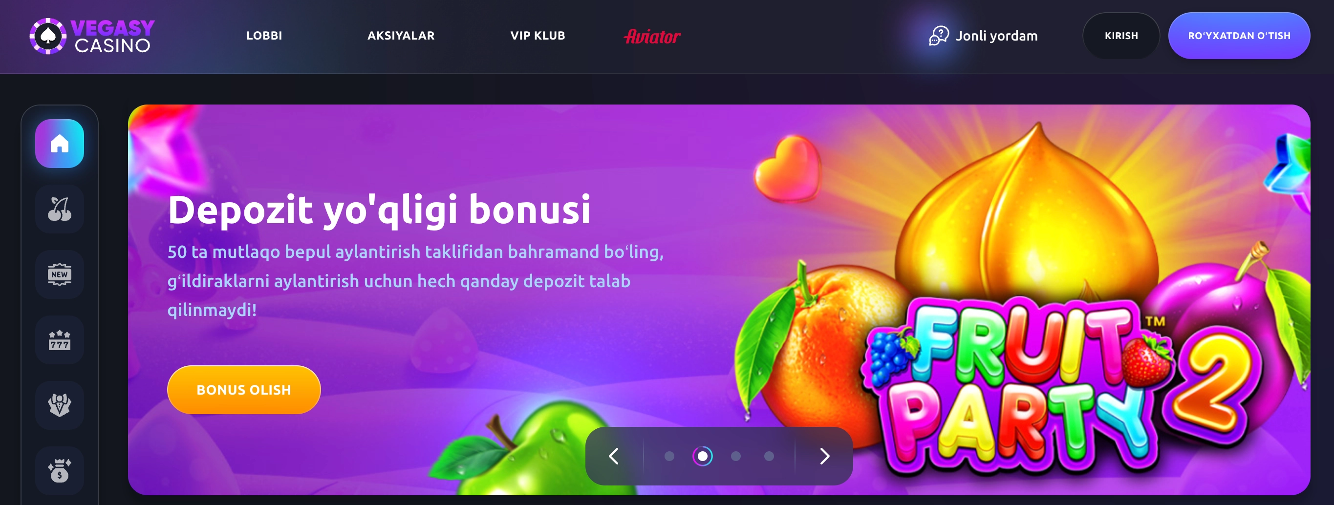 Vegasy Casino UZ – slotlar jonli kazino va lotereyalar 2026